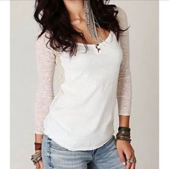 Free People We the Free Long Sleeve Burnout Baseball Tee Lace Top Small - Picture 8 of 9